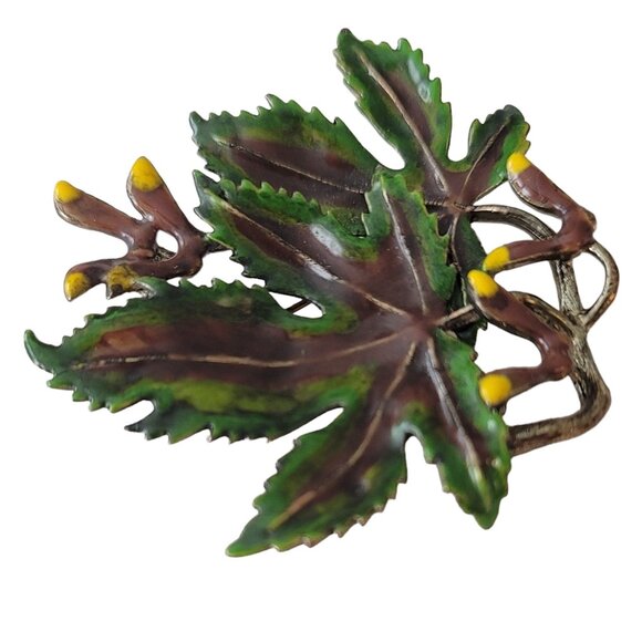Vintage Green Brown Enamel Sycamore Maple Leaf, Seed Brooch Pin E639 - Picture 2 of 6